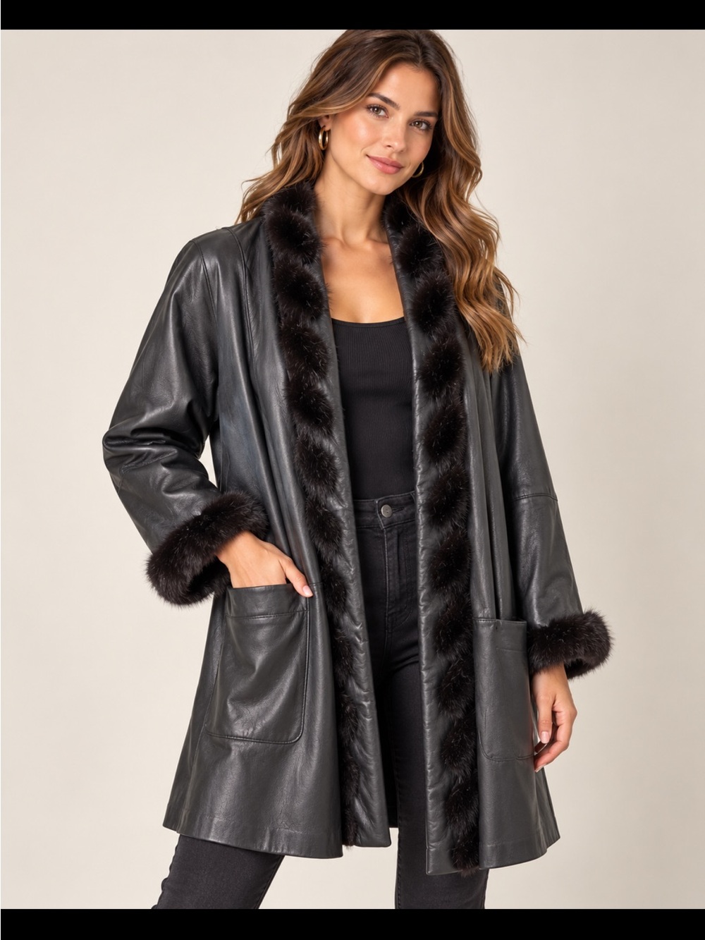 Dero Black Leather Jacket with Fur Trim